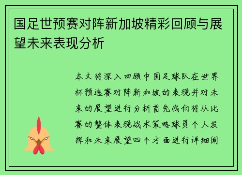 国足世预赛对阵新加坡精彩回顾与展望未来表现分析